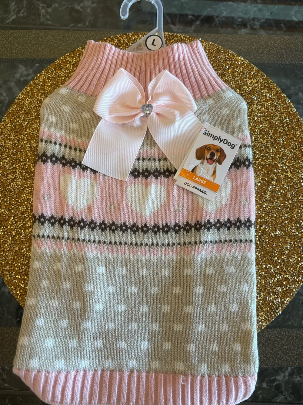 SimplyDog NWT  Heart Knit Dog Sweater with Bow/ heart jewel in pink/beige. Large